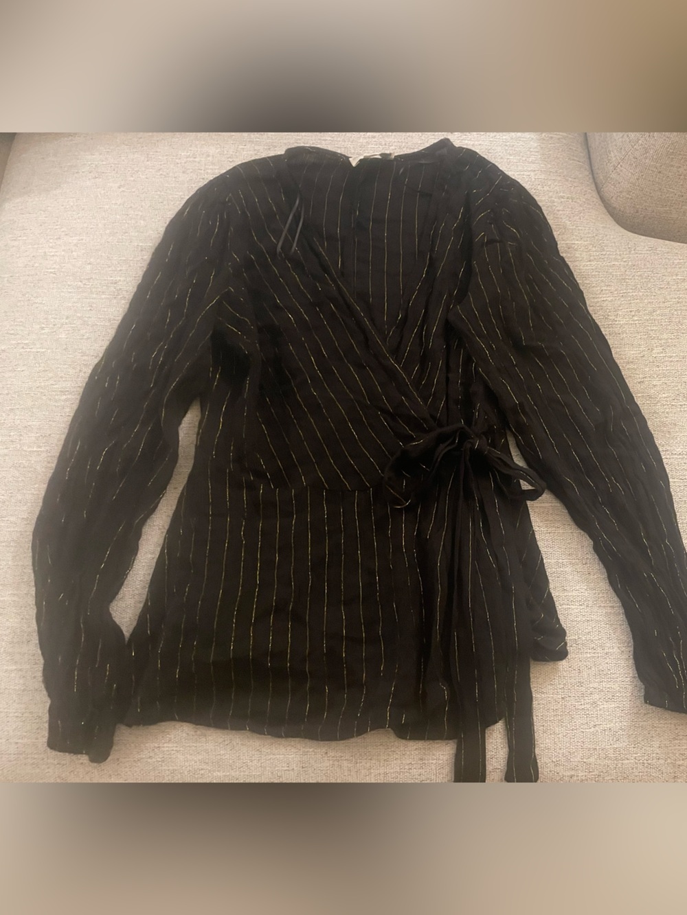 Black Wrap Blouse with Subtle Gold Pinstripes